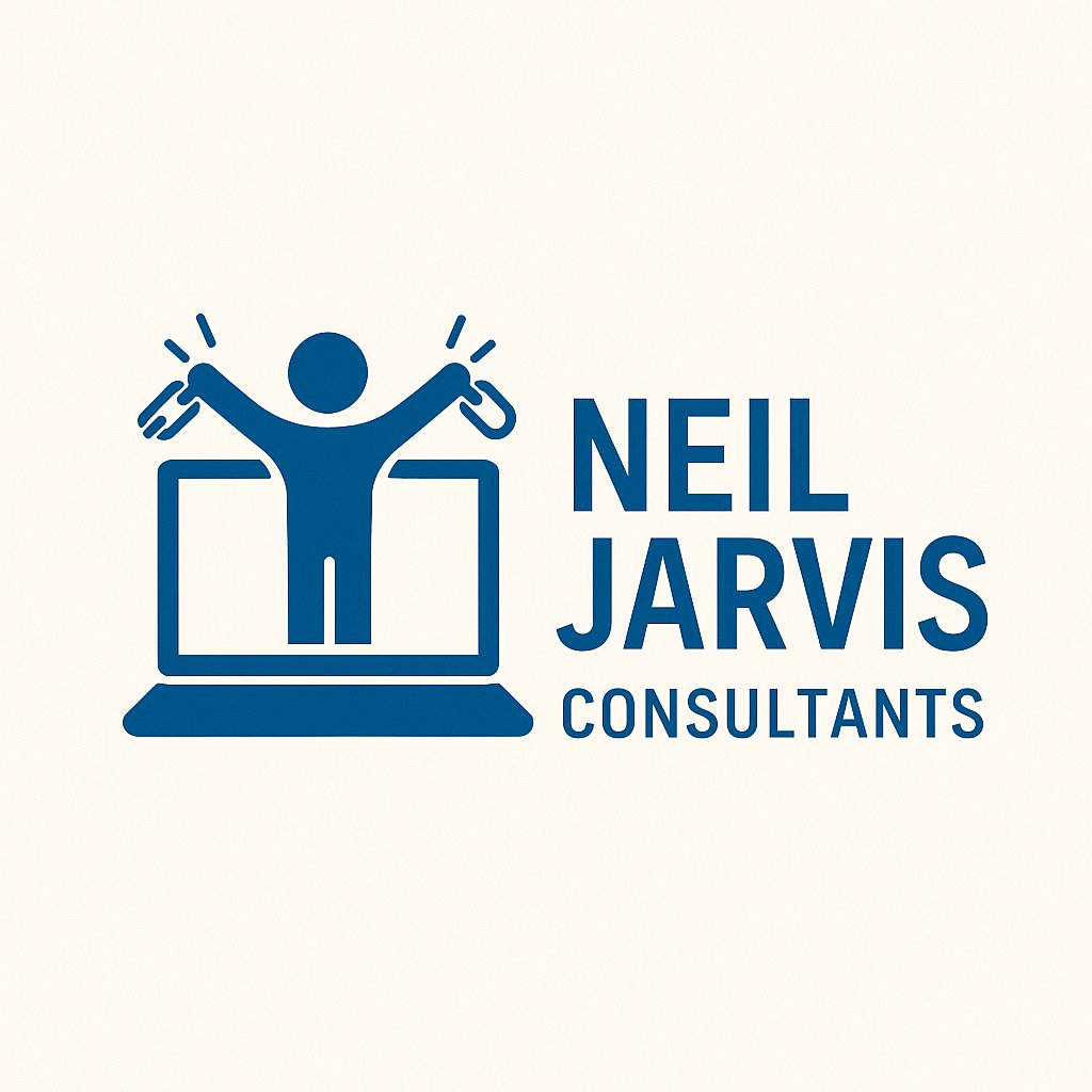 Neil Jarvis Consultants logo - Figure with arms raised celebrating accessibility on a laptop